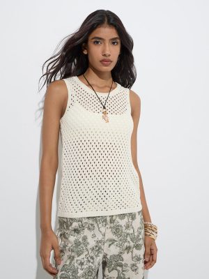 LOV Off-White Crochet-Detailed Cotton Top