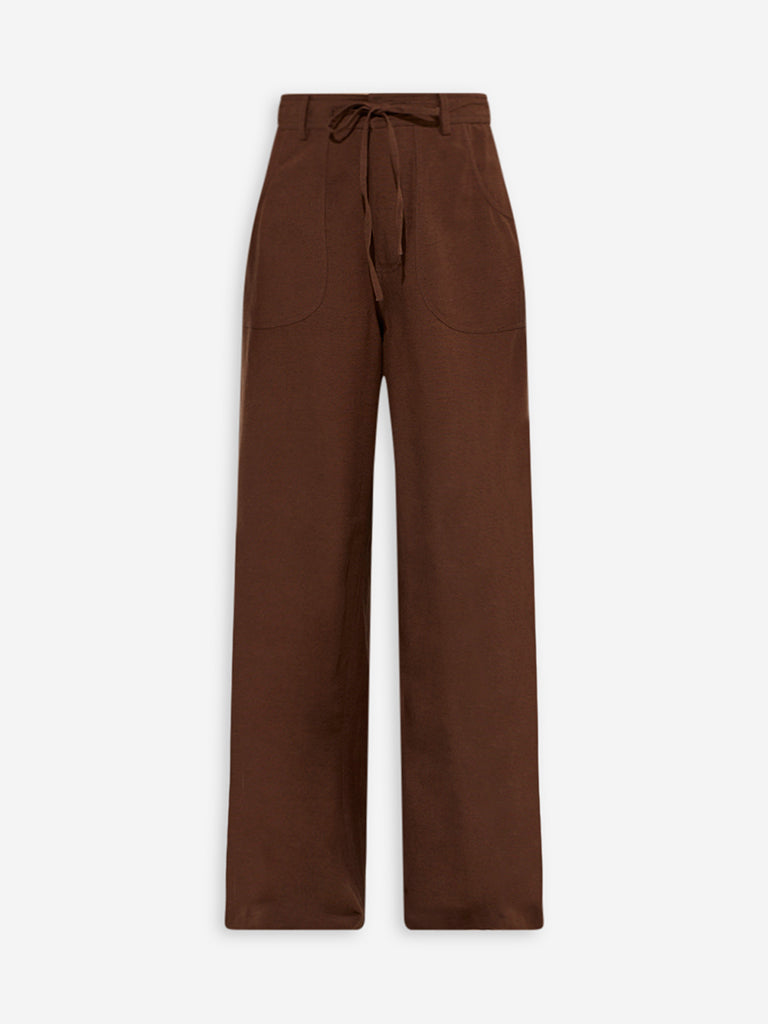 LOV Brown Solid Mid-Rise Linen Pants - Image 6
