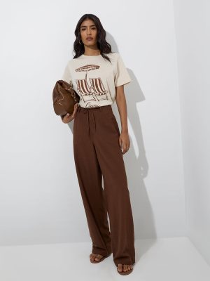 LOV Brown Solid Mid-Rise Linen Pants