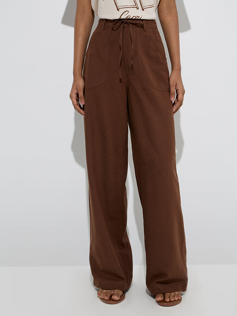 LOV Brown Solid Mid-Rise Linen Pants - Image 3