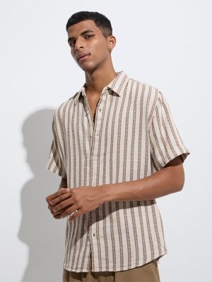 ETA Light Beige Stripe Embroidered Relaxed-Fit Cotton Shirt