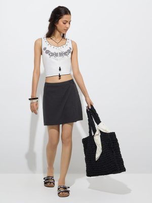 Bombay Paisley Black Seersucker Striped Cotton Skort