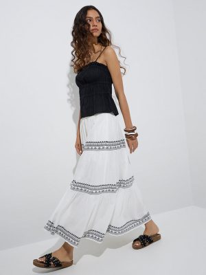 Bombay Paisley White Printed Cotton Tiered Skirt