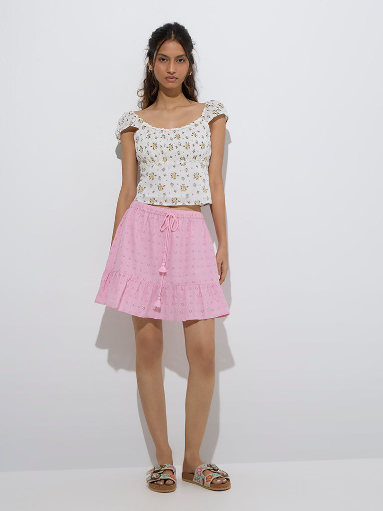 Bombay Paisley Pink Schiffli Embroidered Cotton Skirt