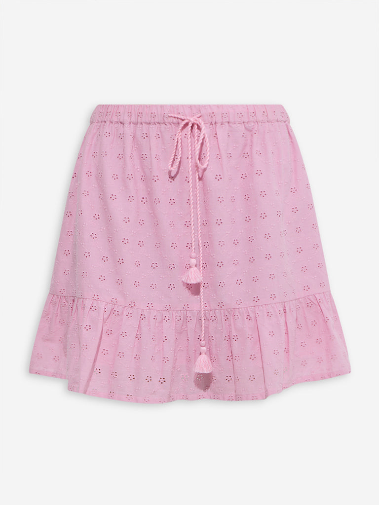 Bombay Paisley Pink Schiffli Embroidered Cotton Skirt - Image 5