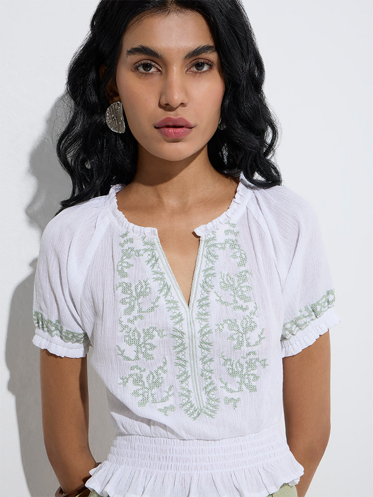 Bombay Paisley White Embroidered Cotton Top - Image 3