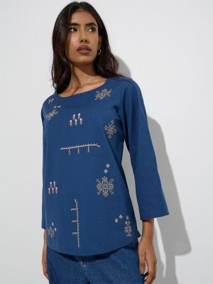 Utsa Blue Embroidered Cotton-Blend Tunic