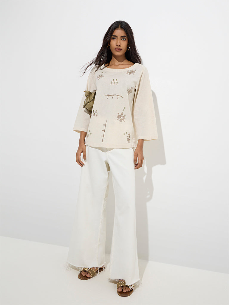 Utsa Off-White Embroidered Cotton-Blend Tunic - Image 3