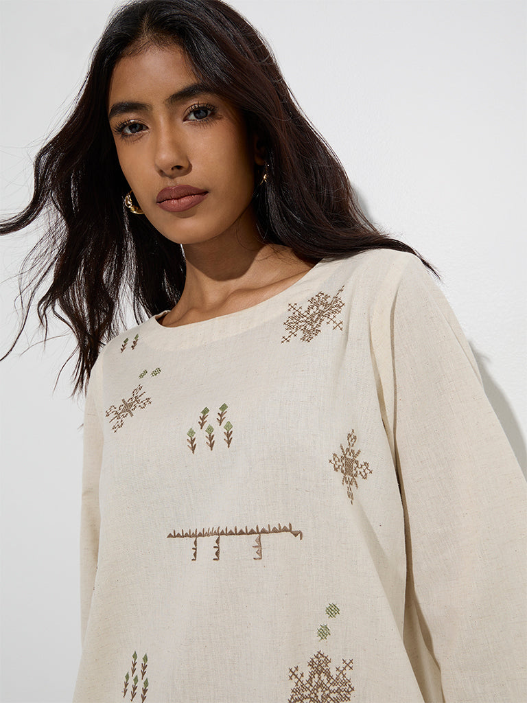 Utsa Off-White Embroidered Cotton-Blend Tunic - Image 4
