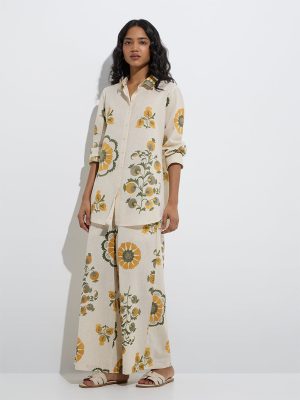 Utsa Off-White Floral Cotton-Blend Tunic
