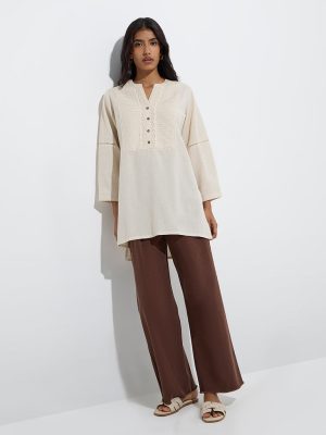Utsa Beige Pintuck Detailed Cotton-Blend Tunic