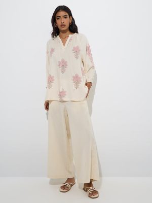 Utsa Cream Solid Cotton-Blend Palazzos