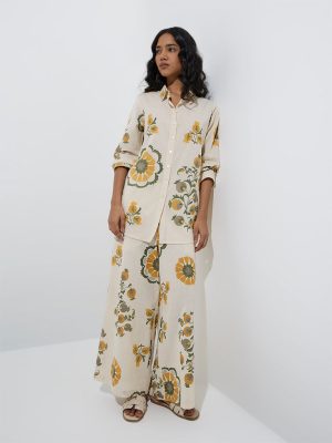 Utsa Off-White Floral Printed Cotton-Blend Palazzos