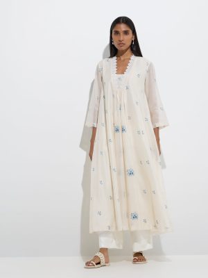 Zuba Off-White Floral Embroidered A-Line Kurta