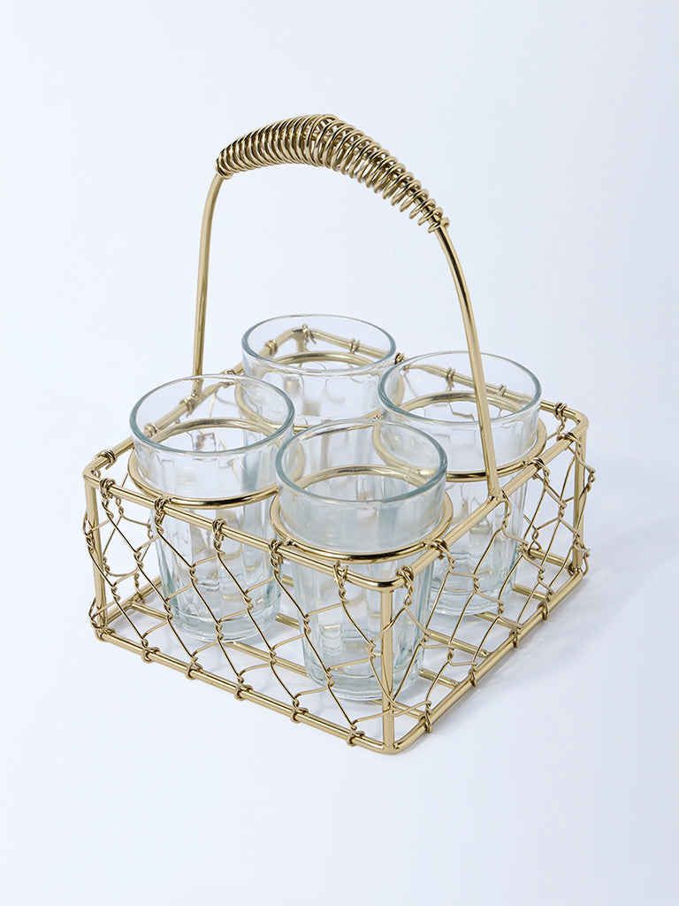 Westside Home Gold Wired Chai Caddy with Four Glasses
