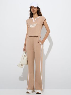 Studiofit Beige Text Design Cotton-Blend T-Shirt