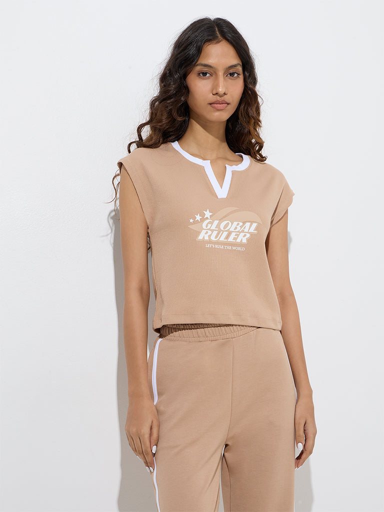 Studiofit Beige Text Design Cotton-Blend T-Shirt - Image 2