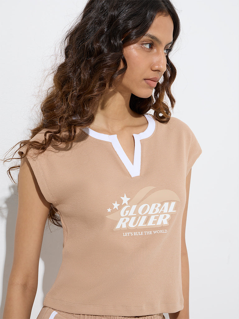 Studiofit Beige Text Design Cotton-Blend T-Shirt - Image 3