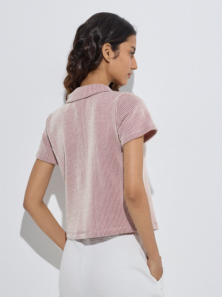 Studiofit Maroon Stripe Printed Cotton-Blend Polo T-Shirt - Image 4