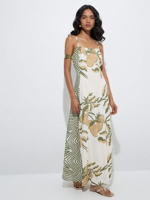 LOV Off-White Foliage Design A-Line Dress