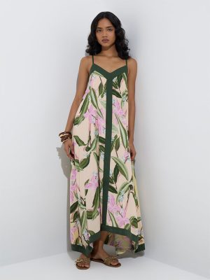 LOV Yellow Botanical-Inspired Cotton A-Line Dress