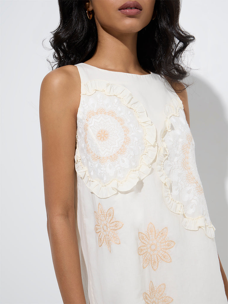 LOV Off-White Floral Cotton Shift Dress - Image 3