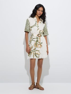LOV Off-White Botanical Pattern Shirt Dress with Belt