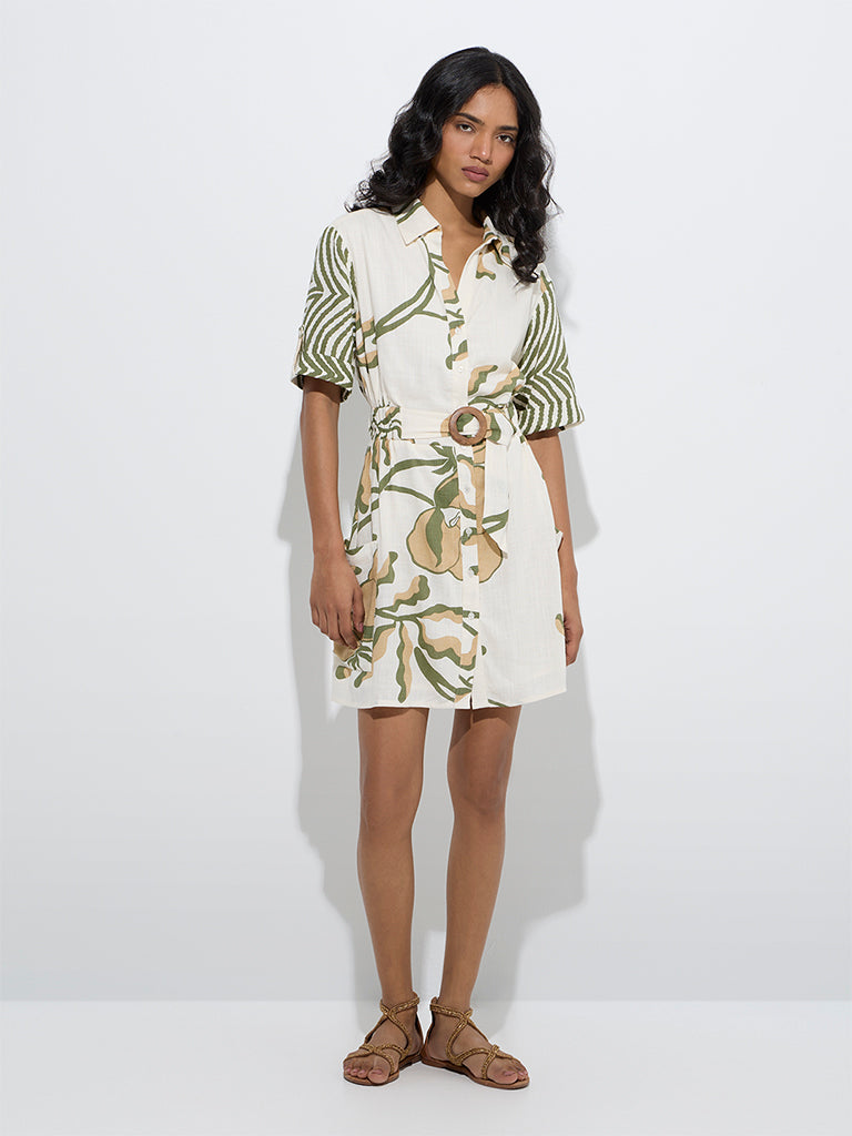 LOV Off-White Botanical Pattern Shirt Dress with Belt