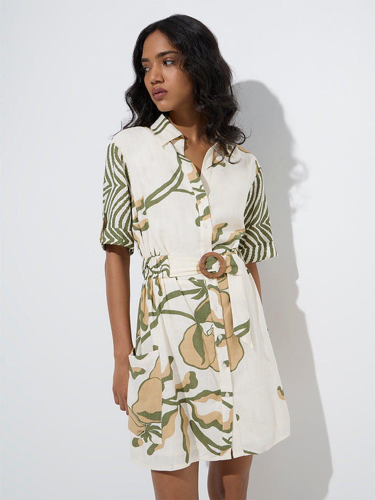 LOV Off-White Botanical Pattern Shirt Dress with Belt - Image 2