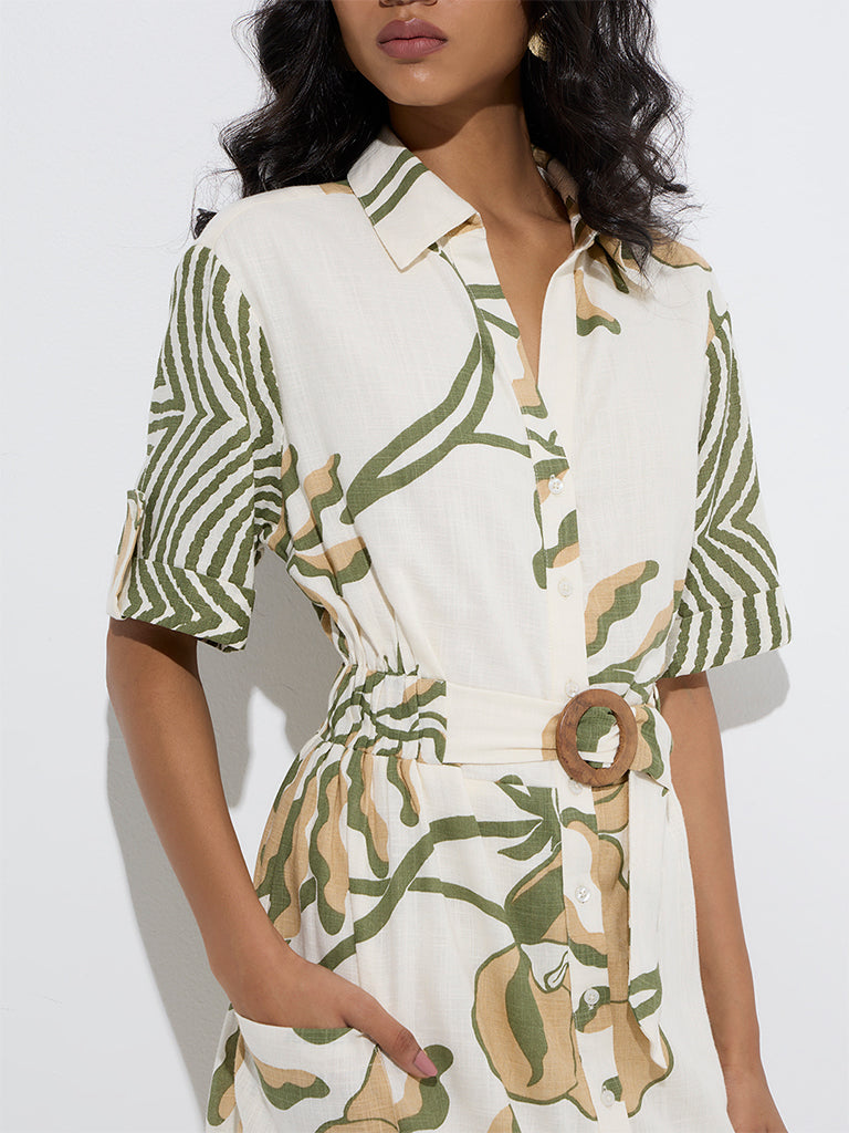 LOV Off-White Botanical Pattern Shirt Dress with Belt - Image 3