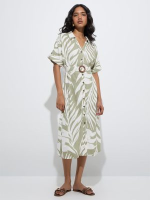 LOV Sage Leaf Design Shirt Dress with Belt