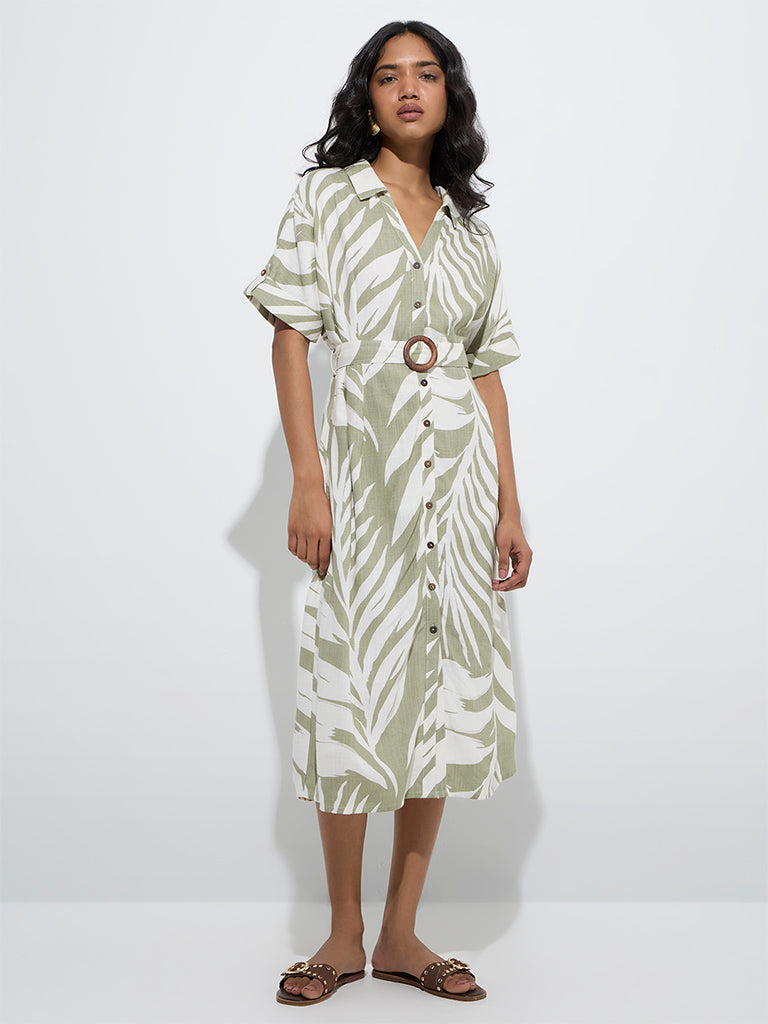 LOV Sage Leaf Design Shirt Dress with Belt