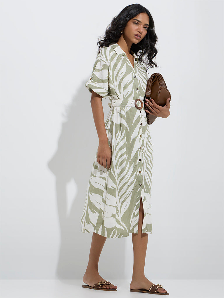 LOV Sage Leaf Design Shirt Dress with Belt - Image 2