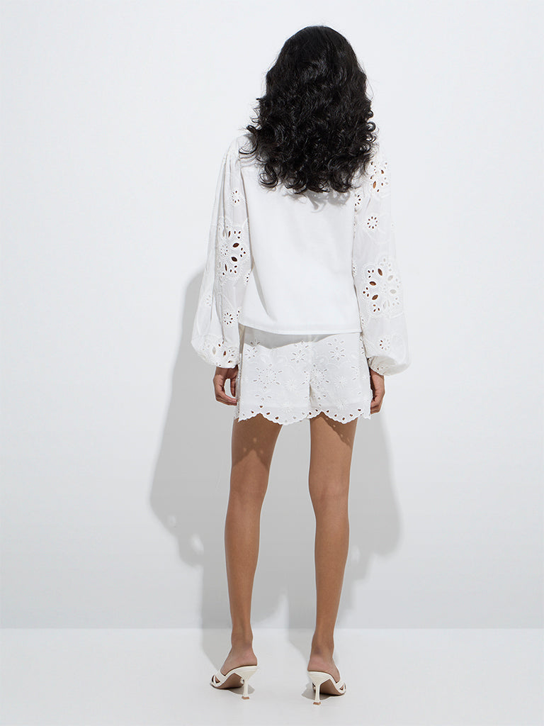 LOV White Broderie Anglaise High-Rise Cotton Shorts - Image 4
