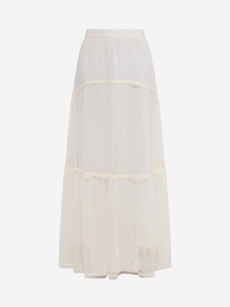 LOV Off-White Mesh Detailed Tiered High-Rise Skirt - Image 5