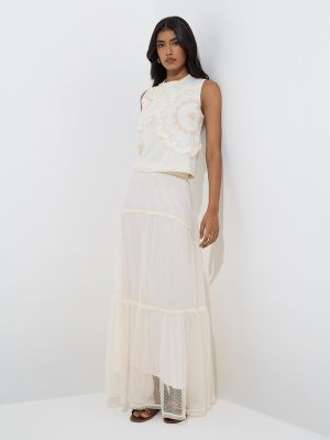 LOV Off-White Mesh Detailed Tiered High-Rise Skirt