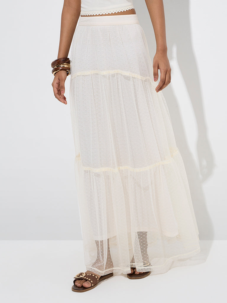 LOV Off-White Mesh Detailed Tiered High-Rise Skirt - Image 2