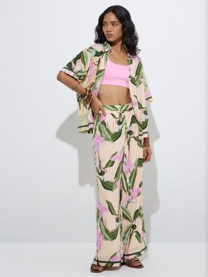 LOV Yellow Botanical-Inspired High-Rise Cotton Pants