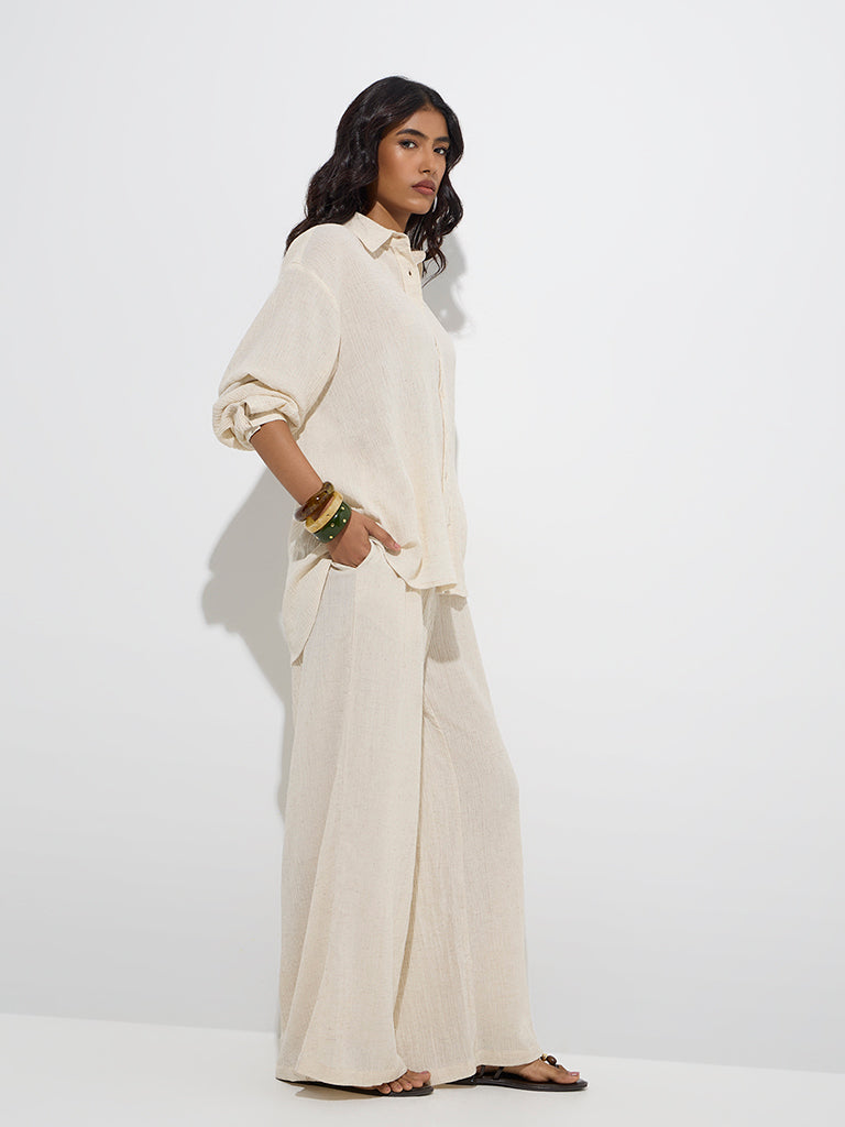 LOV Off-White Crinkle-Textured High-Rise Cotton-Blend Pants