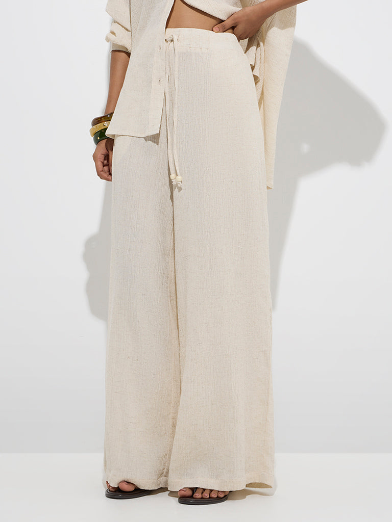 LOV Off-White Crinkle-Textured High-Rise Cotton-Blend Pants - Image 3