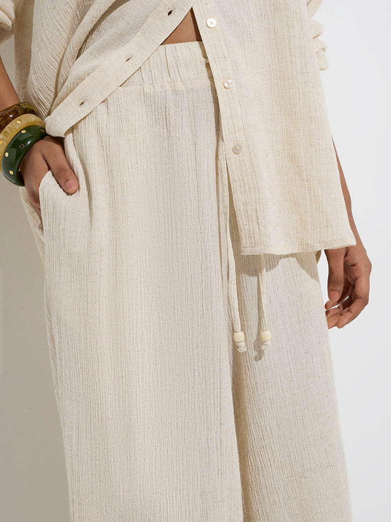 LOV Off-White Crinkle-Textured High-Rise Cotton-Blend Pants - Image 4