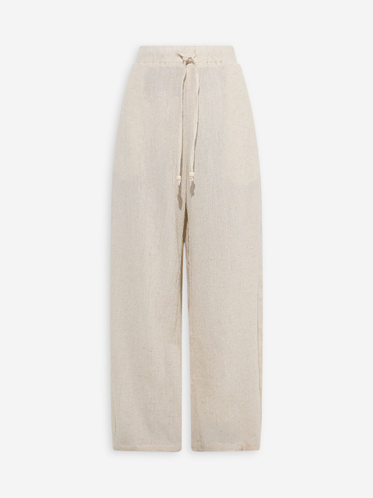 LOV Off-White Crinkle-Textured High-Rise Cotton-Blend Pants - Image 6