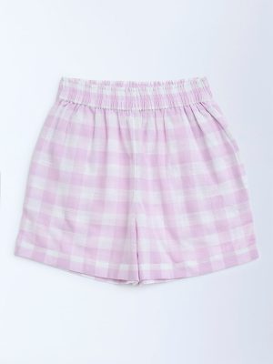 Utsa Kids Lilac Checks Design Cotton Shorts - (8-14yrs)