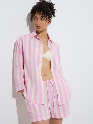 Wunderlove Pink Striped Cotton Shirt and Shorts Set