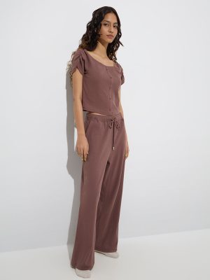 Superstar Brown Textured High-Rise Cotton-Blend Pants