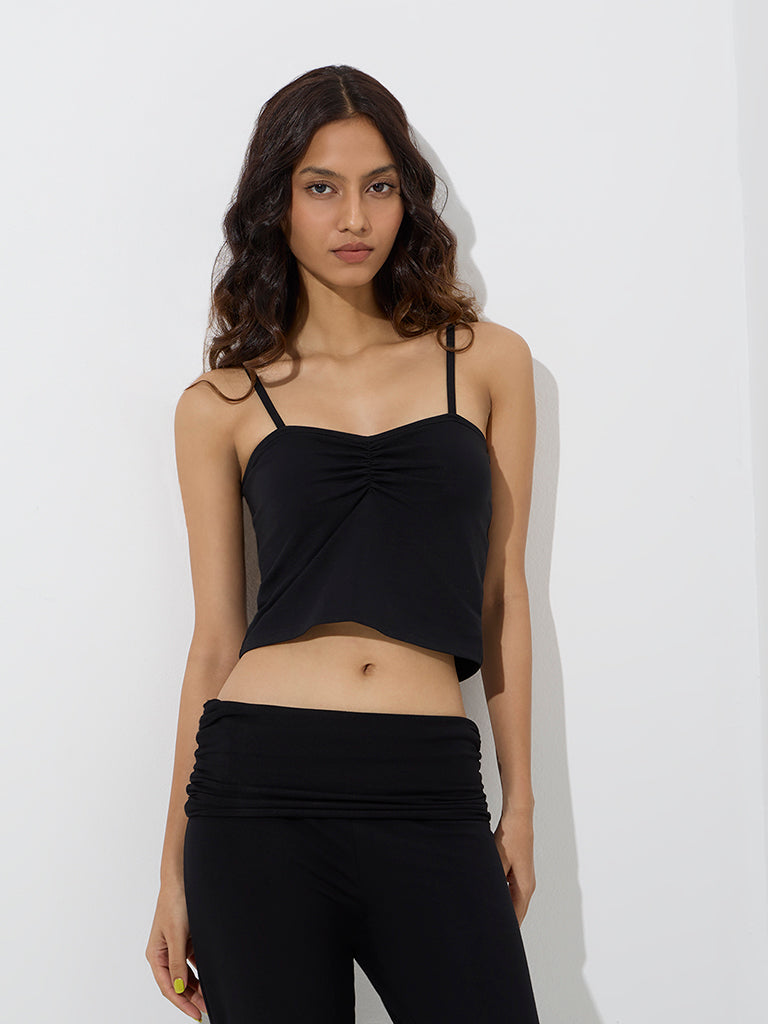 Superstar Black Ruched-Detailed Cotton Camisole - Image 2