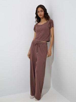 Superstar Brown Ribbed-Textured Cotton-Blend Top