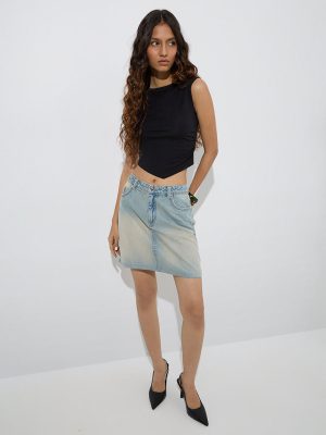 Nuon Blue Washed Mid-Rise Denim Skirt