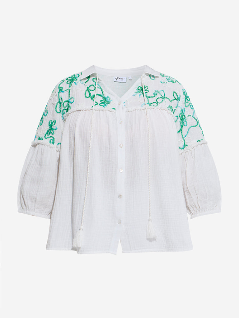 Gia White Botanical Embroidered Blouse - Image 5