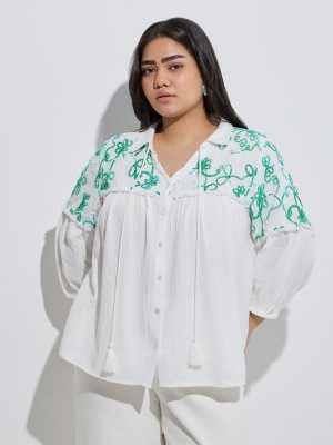 Gia White Botanical Embroidered Blouse